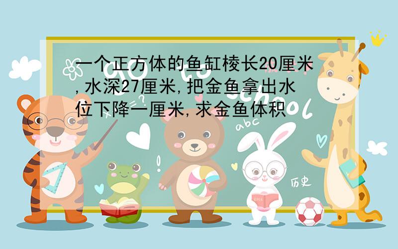 一个正方体的鱼缸棱长20厘米,水深27厘米,把金鱼拿出水位下降一厘米,求金鱼体积