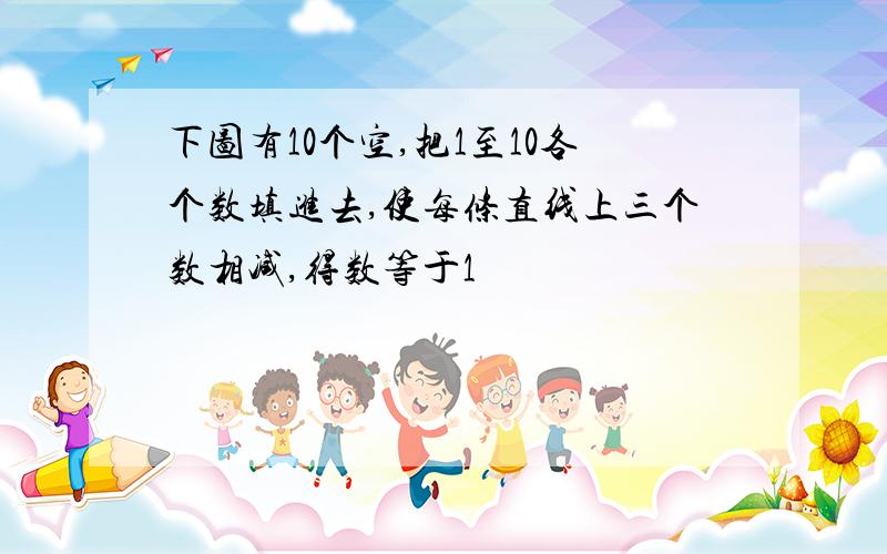 下图有10个空,把1至10各个数填进去,使每条直线上三个数相减,得数等于1