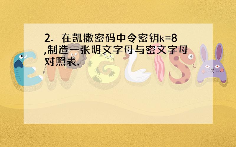 2．在凯撒密码中令密钥k=8,制造一张明文字母与密文字母对照表.