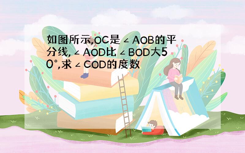 如图所示,OC是∠AOB的平分线,∠AOD比∠BOD大50°,求∠COD的度数