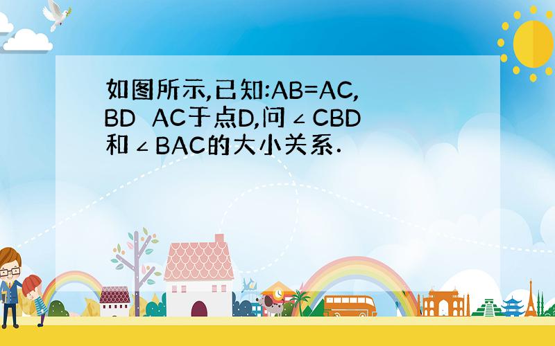 如图所示,已知:AB=AC,BD⊥AC于点D,问∠CBD和∠BAC的大小关系．