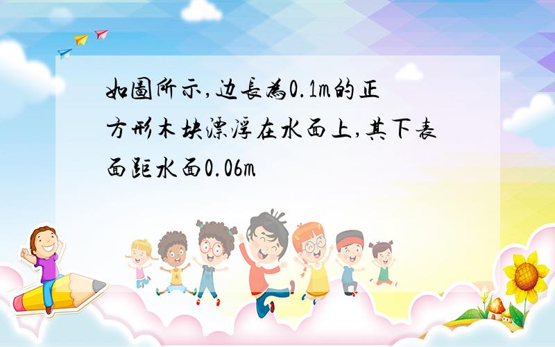 如图所示,边长为0.1m的正方形木块漂浮在水面上,其下表面距水面0.06m