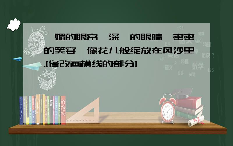 妩媚的眼帘,深邃的眼睛,密密的笑容,像花儿般绽放在风沙里.[修改画横线的部分]