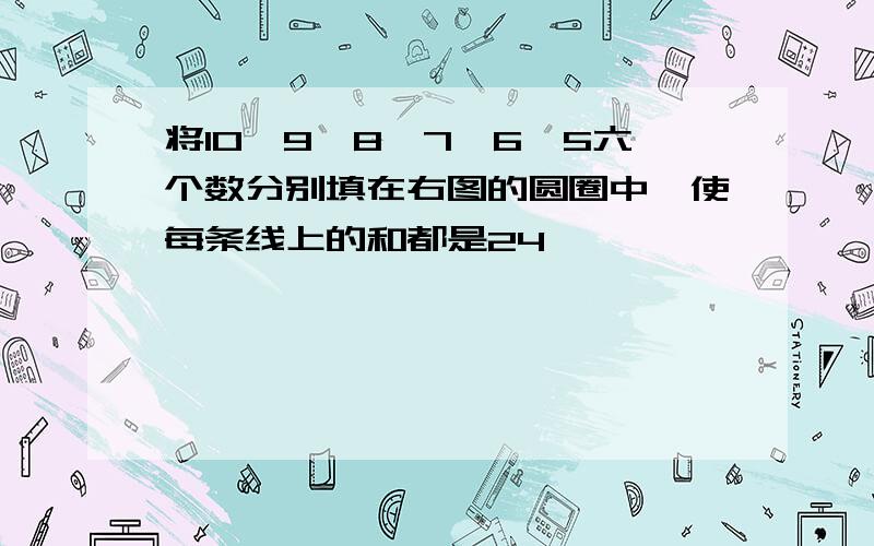 将10,9,8,7,6,5六个数分别填在右图的圆圈中,使每条线上的和都是24