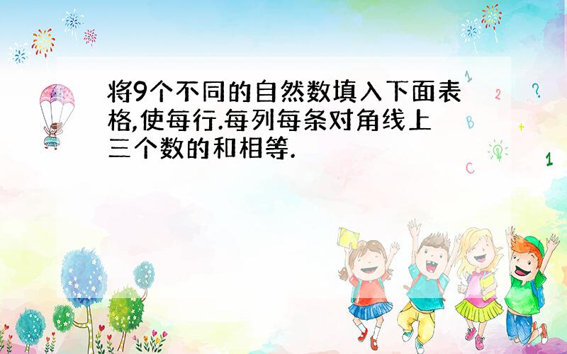 将9个不同的自然数填入下面表格,使每行.每列每条对角线上三个数的和相等.