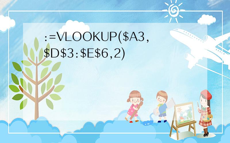 :=VLOOKUP($A3,$D$3:$E$6,2)