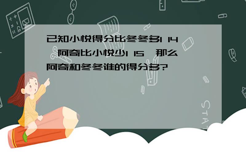 已知小悦得分比冬冬多1 14,阿奇比小悦少1 15,那么阿奇和冬冬谁的得分多?