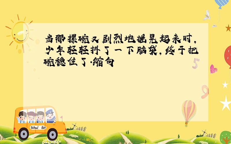 当那摞碗又剧烈地摇晃起来时,少年轻轻抖了一下脑袋,终于把碗稳住了.缩句