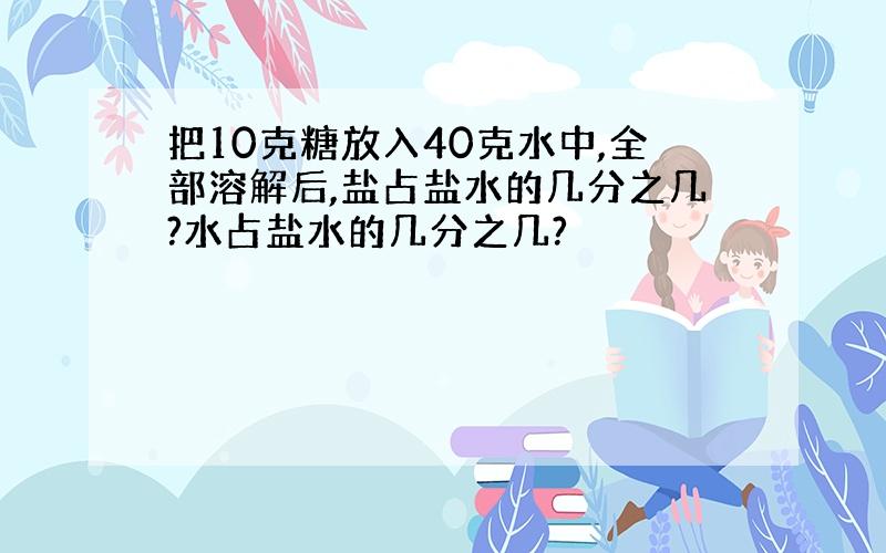 把10克糖放入40克水中,全部溶解后,盐占盐水的几分之几?水占盐水的几分之几?