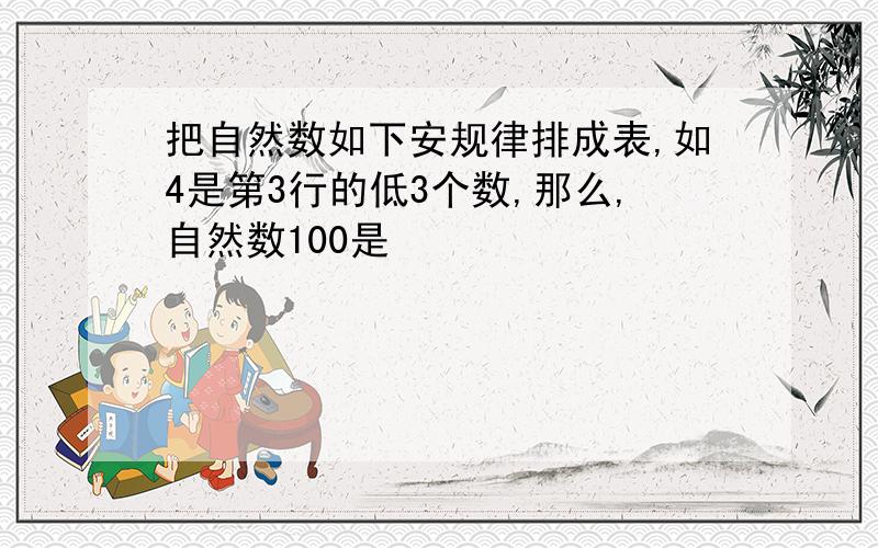 把自然数如下安规律排成表,如4是第3行的低3个数,那么,自然数100是