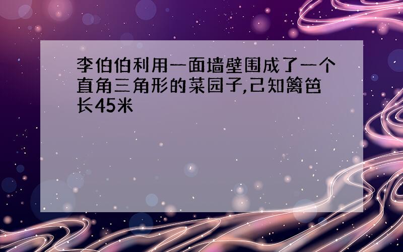 李伯伯利用一面墙壁围成了一个直角三角形的菜园子,己知篱笆长45米