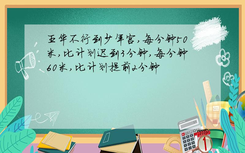 王华不行到少年宫,每分钟50米,比计划迟到3分钟,每分钟60米,比计划提前2分钟