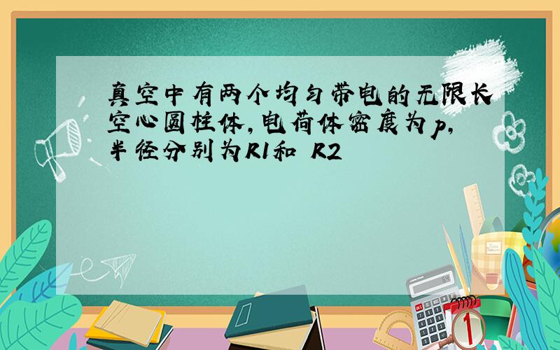 真空中有两个均匀带电的无限长空心圆柱体,电荷体密度为p,半径分别为R1和 R2