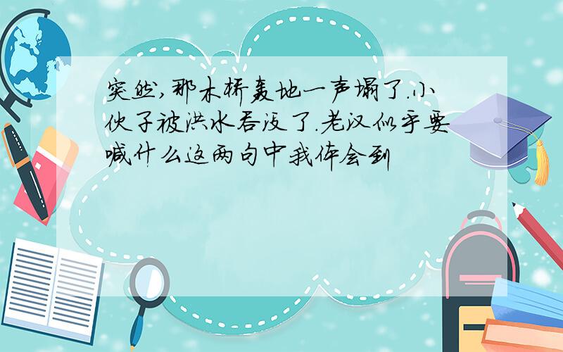 突然,那木桥轰地一声塌了.小伙子被洪水吞没了.老汉似乎要喊什么这两句中我体会到