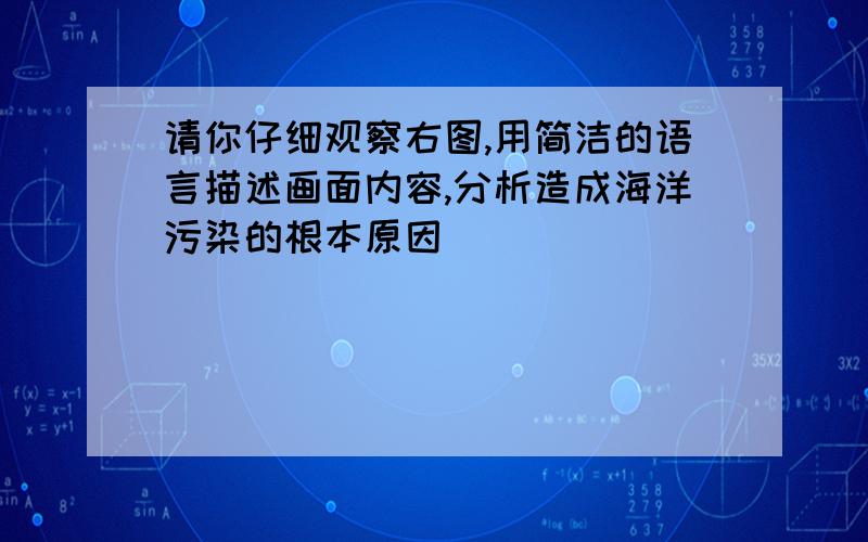 请你仔细观察右图,用简洁的语言描述画面内容,分析造成海洋污染的根本原因