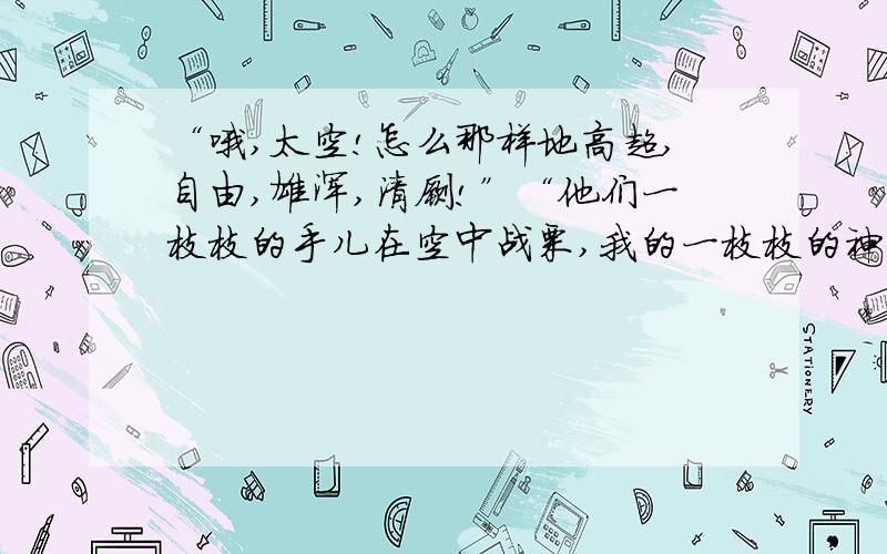 “哦,太空!怎么那样地高超,自由,雄浑,清寥!”“他们一枝枝的手儿在空中战栗,我的一枝枝的神经纤维在