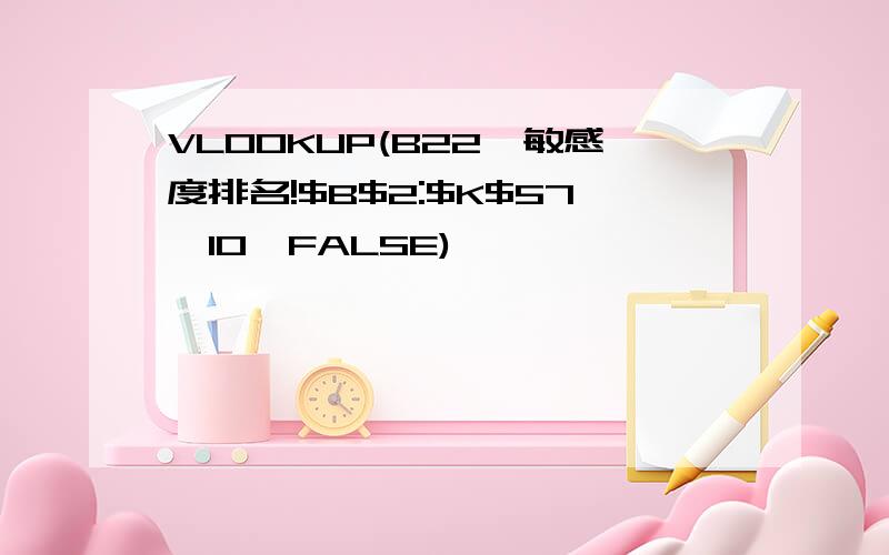 VLOOKUP(B22,敏感度排名!$B$2:$K$57,10,FALSE)