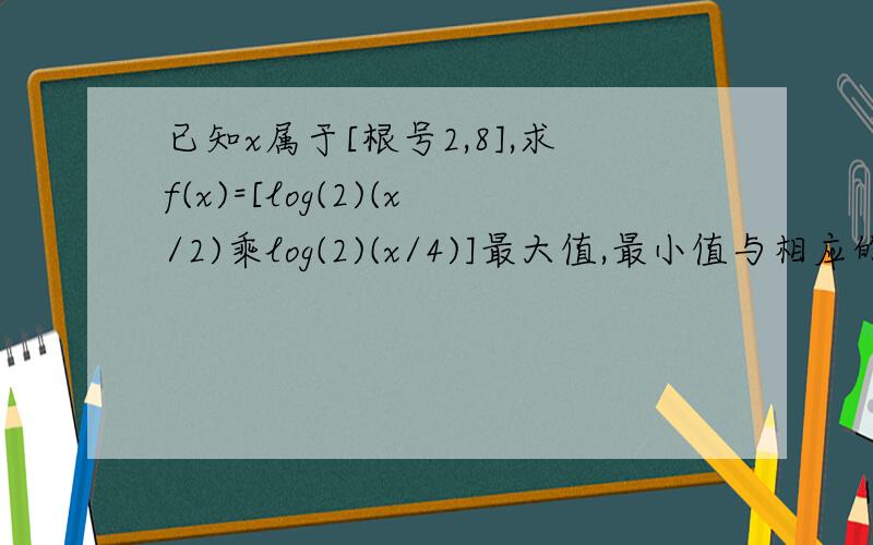 已知x属于[根号2,8],求f(x)=[log(2)(x/2)乘log(2)(x/4)]最大值,最小值与相应的x的值.