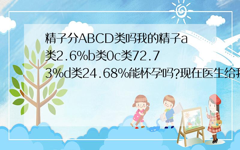 精子分ABCD类吗我的精子a类2.6％b类0c类72.73％d类24.68％能怀孕吗?现在医生给我开的壮腰健肾丸和甲睾酮