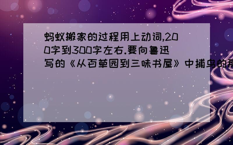 蚂蚁搬家的过程用上动词,200字到300字左右.要向鲁迅写的《从百草园到三味书屋》中捕鸟的那段一样。