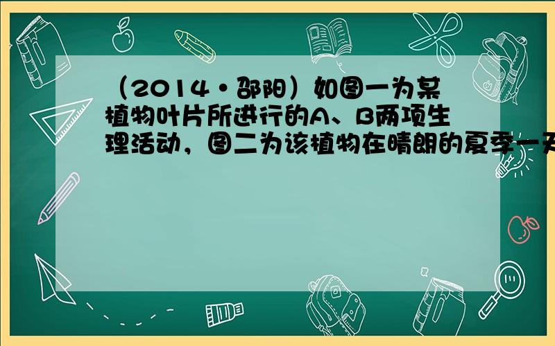 （2014•邵阳）如图一为某植物叶片所进行的A、B两项生理活动，图二为该植物在晴朗的夏季一天24小时内呼吸作用和光合作用