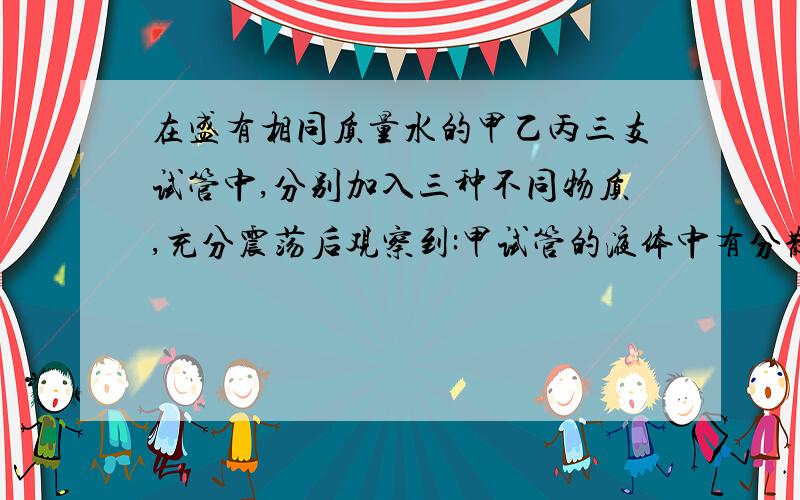 在盛有相同质量水的甲乙丙三支试管中,分别加入三种不同物质,充分震荡后观察到:甲试管的液体中有分散的小液