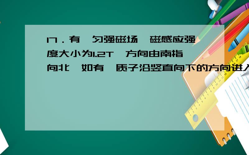 17．有一匀强磁场,磁感应强度大小为1.2T,方向由南指向北,如有一质子沿竖直向下的方向进入磁场,磁场作用