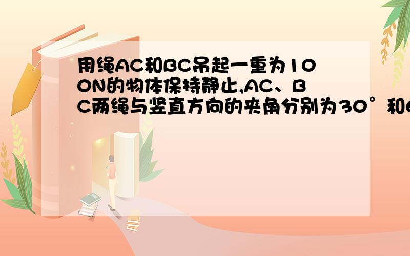 用绳AC和BC吊起一重为100N的物体保持静止,AC、BC两绳与竖直方向的夹角分别为30°和60°.求：