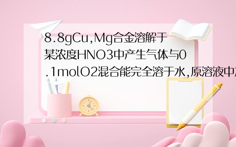 8.8gCu,Mg合金溶解于某浓度HNO3中产生气体与0.1molO2混合能完全溶于水,原溶液中加NaOH,所得沉淀质量