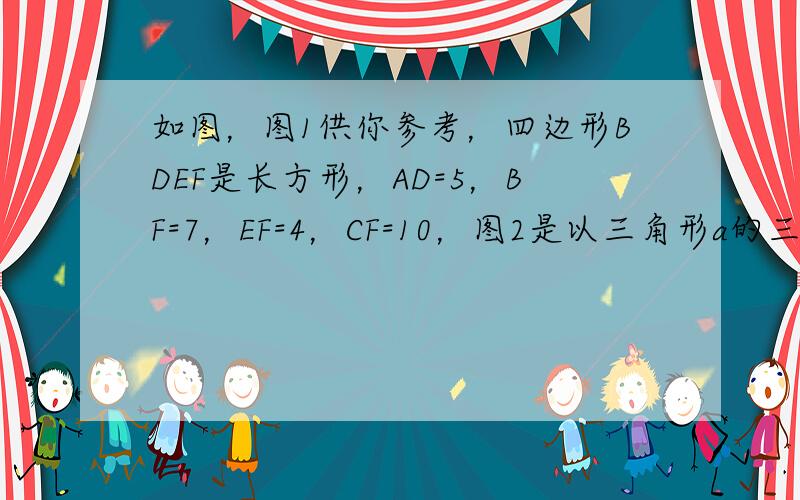 如图，图1供你参考，四边形BDEF是长方形，AD=5，BF=7，EF=4，CF=10，图2是以三角形a的三边为边长向外作