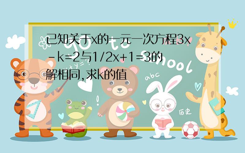 已知关于x的一元一次方程3x-k=2与1/2x+1=3的解相同,求k的值