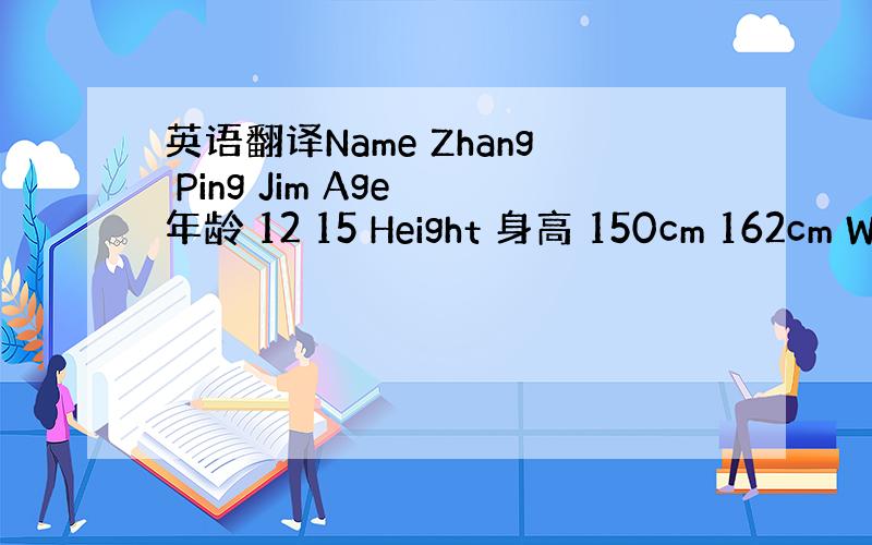 英语翻译Name Zhang Ping Jim Age 年龄 12 15 Height 身高 150cm 162cm W