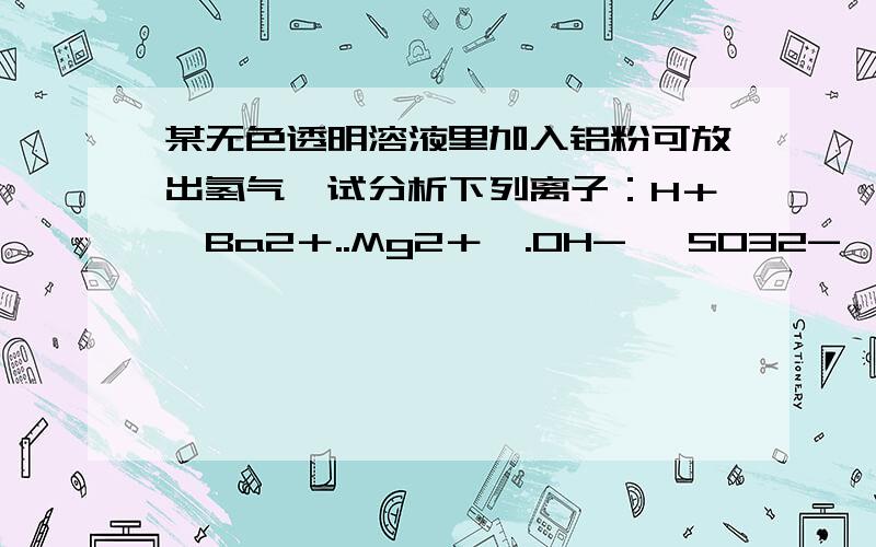 某无色透明溶液里加入铝粉可放出氢气,试分析下列离子：H＋、Ba2＋..Mg2＋、.OH- 、SO32- 、Cl-、CO3