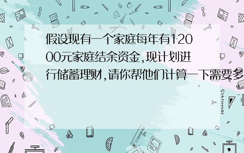 假设现有一个家庭每年有12000元家庭结余资金,现计划进行储蓄理财,请你帮他们计算一下需要多少年才能达到