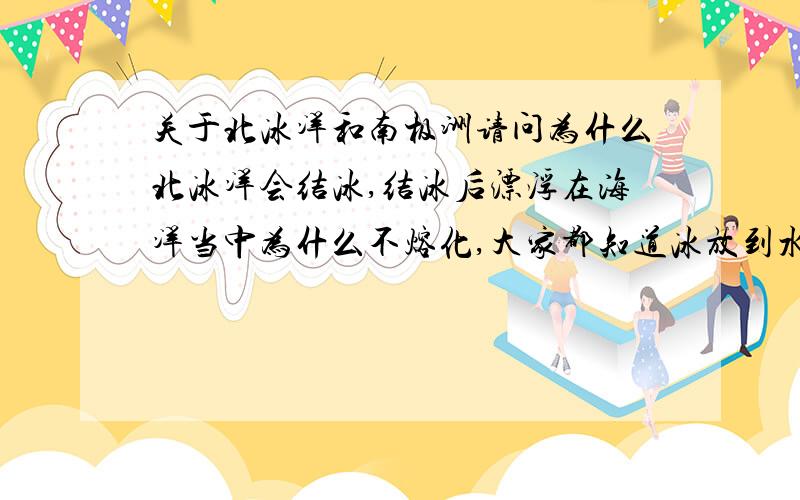 关于北冰洋和南极洲请问为什么北冰洋会结冰,结冰后漂浮在海洋当中为什么不熔化,大家都知道冰放到水中是会通过热传递融化掉的!