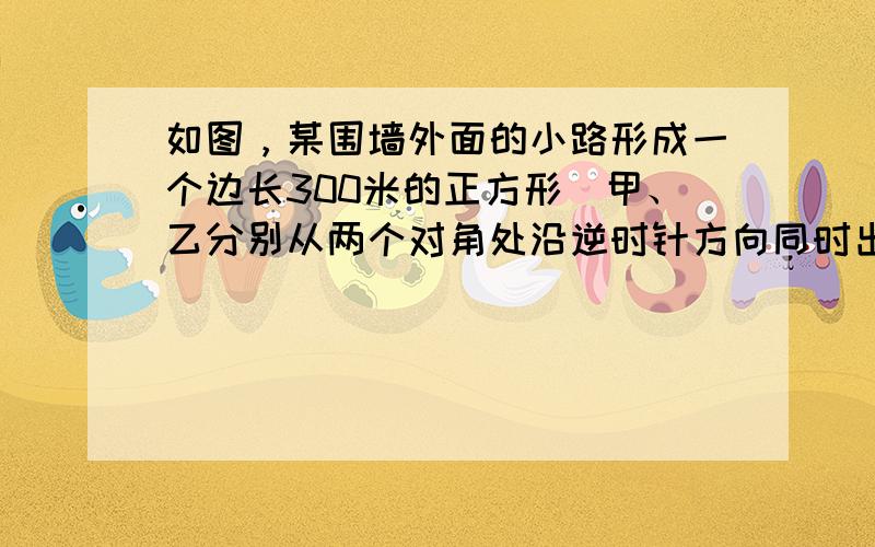 如图，某围墙外面的小路形成一个边长300米的正方形．甲、乙分别从两个对角处沿逆时针方向同时出发．如果甲每分走90米，乙每