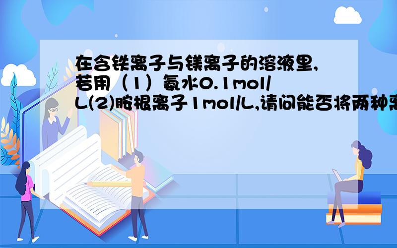 在含铁离子与镁离子的溶液里,若用（1）氨水0.1mol/L(2)胺根离子1mol/L,请问能否将两种离子完全分离?