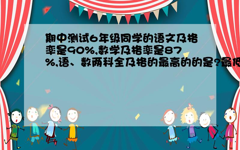 期中测试6年级同学的语文及格率是90%,数学及格率是87%,语、数两科全及格的最高的的是?最低是?