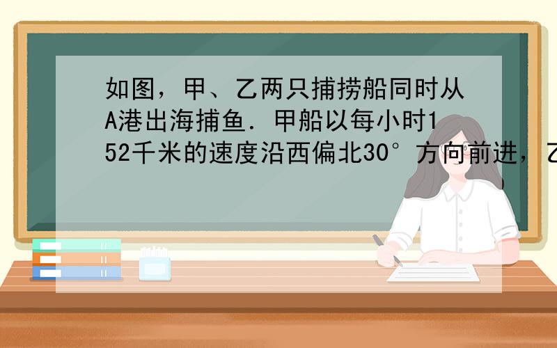 如图，甲、乙两只捕捞船同时从A港出海捕鱼．甲船以每小时152千米的速度沿西偏北30°方向前进，乙船以每小时15千米的速度