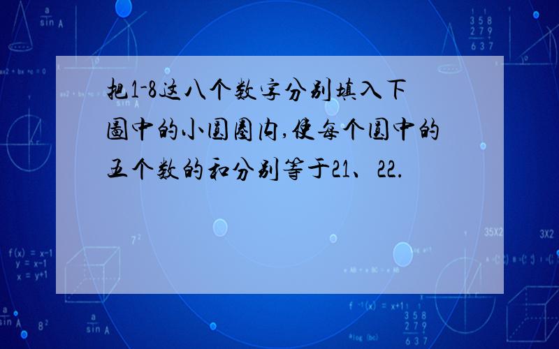 把1-8这八个数字分别填入下图中的小圆圈内,使每个圆中的五个数的和分别等于21、22.