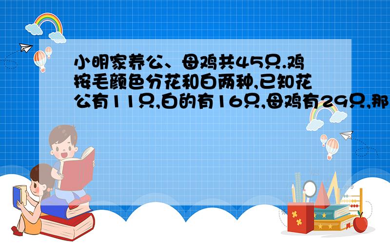 小明家养公、母鸡共45只.鸡按毛颜色分花和白两种,已知花公有11只,白的有16只,母鸡有29只,那么白有-