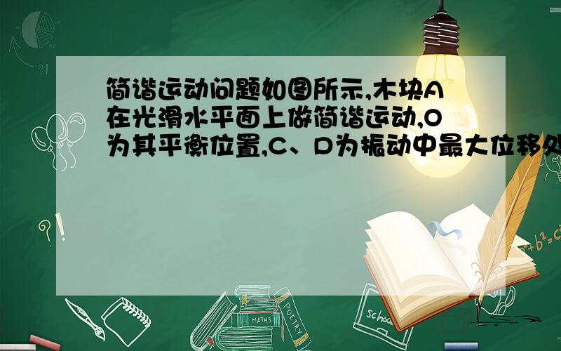 简谐运动问题如图所示,木块A在光滑水平面上做简谐运动,O为其平衡位置,C、D为振动中最大位移处,则下述说法中正确的是：（