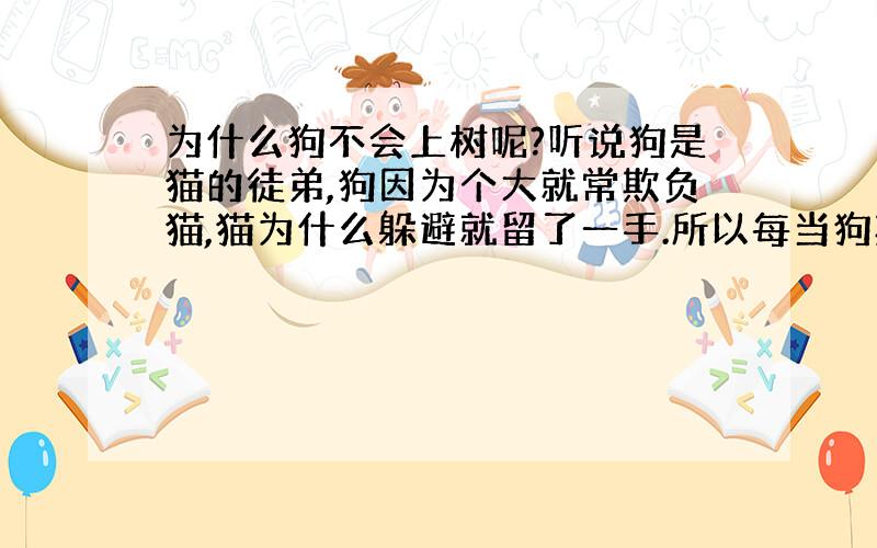 为什么狗不会上树呢?听说狗是猫的徒弟,狗因为个大就常欺负猫,猫为什么躲避就留了一手.所以每当狗欺负猫时猫就上树.可是豹子