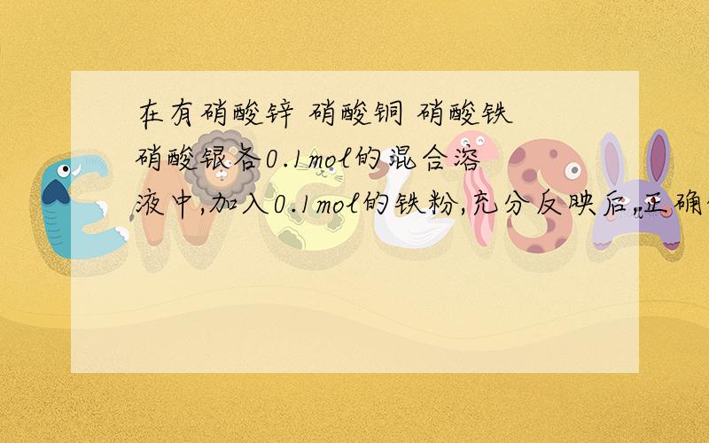 在有硝酸锌 硝酸铜 硝酸铁 硝酸银各0.1mol的混合溶液中,加入0.1mol的铁粉,充分反映后,正确的是?