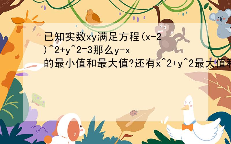 已知实数xy满足方程(x-2)^2+y^2=3那么y-x的最小值和最大值?还有x^2+y^2最大值和最小值.给我说一下解