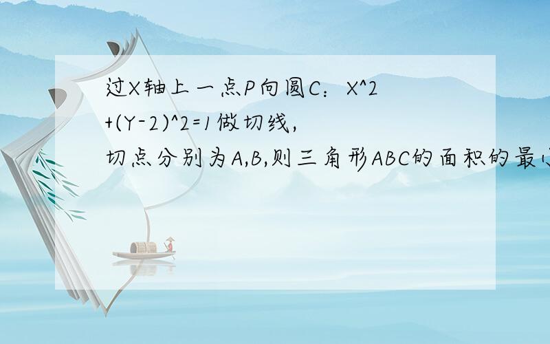 过X轴上一点P向圆C：X^2+(Y-2)^2=1做切线,切点分别为A,B,则三角形ABC的面积的最小值是多少?