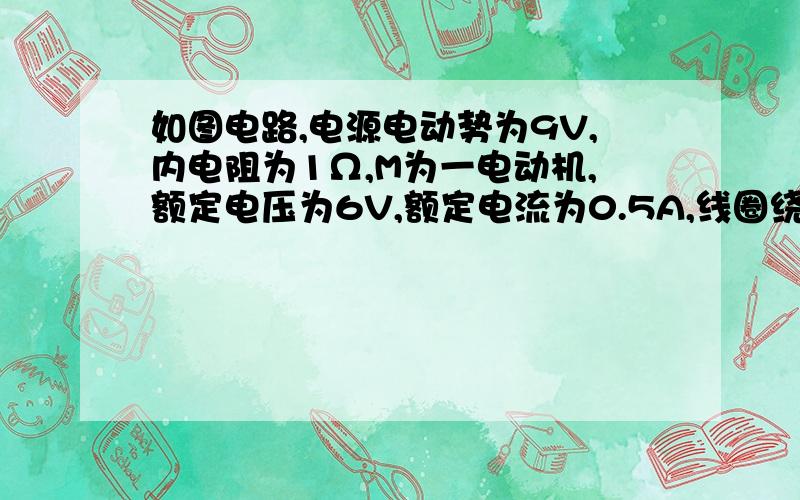 如图电路,电源电动势为9V,内电阻为1Ω,M为一电动机,额定电压为6V,额定电流为0.5A,线圈绕线内阻为2Ω,R为一变