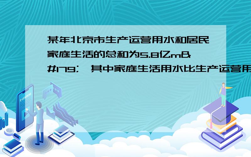 某年北京市生产运营用水和居民家庭生活的总和为5.8亿m³,其中家庭生活用水比生产运营用水