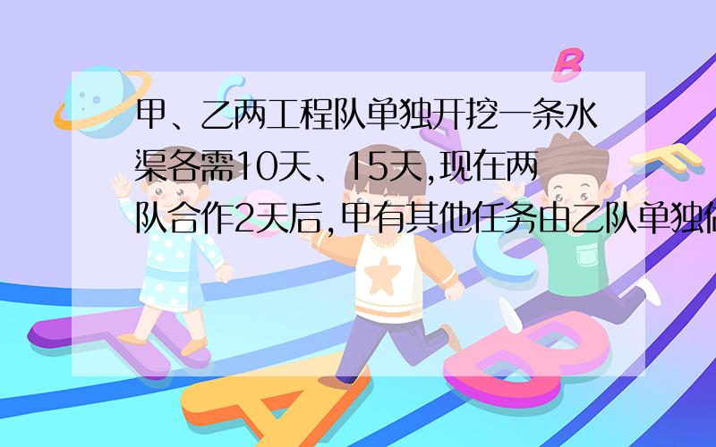 甲、乙两工程队单独开挖一条水渠各需10天、15天,现在两队合作2天后,甲有其他任务由乙队单独做,还需多少