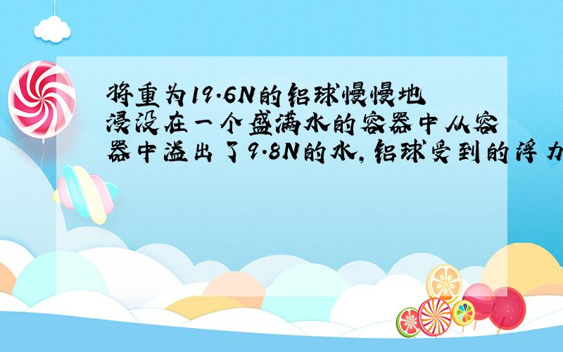 将重为19.6N的铝球慢慢地浸没在一个盛满水的容器中从容器中溢出了9.8N的水,铝球受到的浮力是( ,由此可判断,这个铝